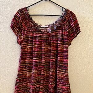Summer top rusty orange, black, gray, elastic neck and sleeves!